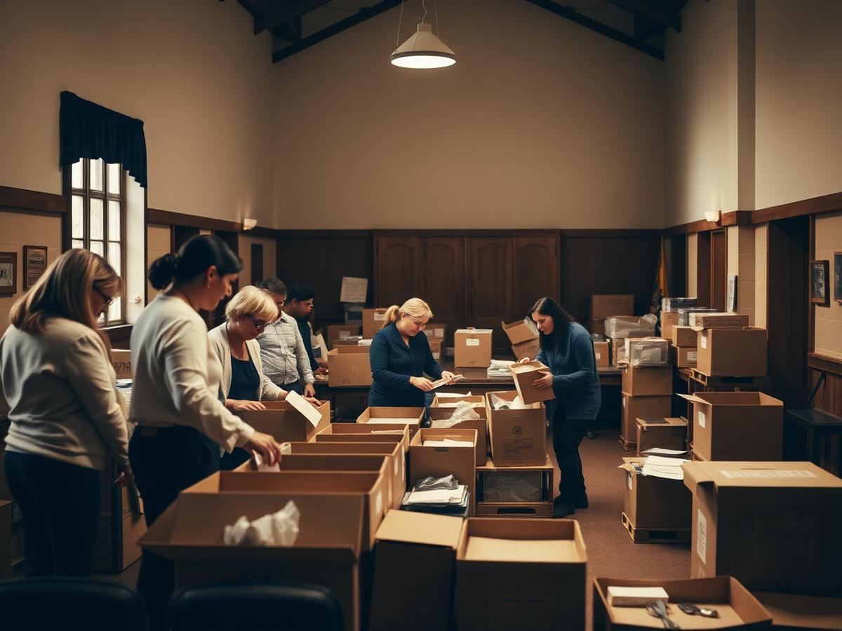 Volunteers sorting donation boxes